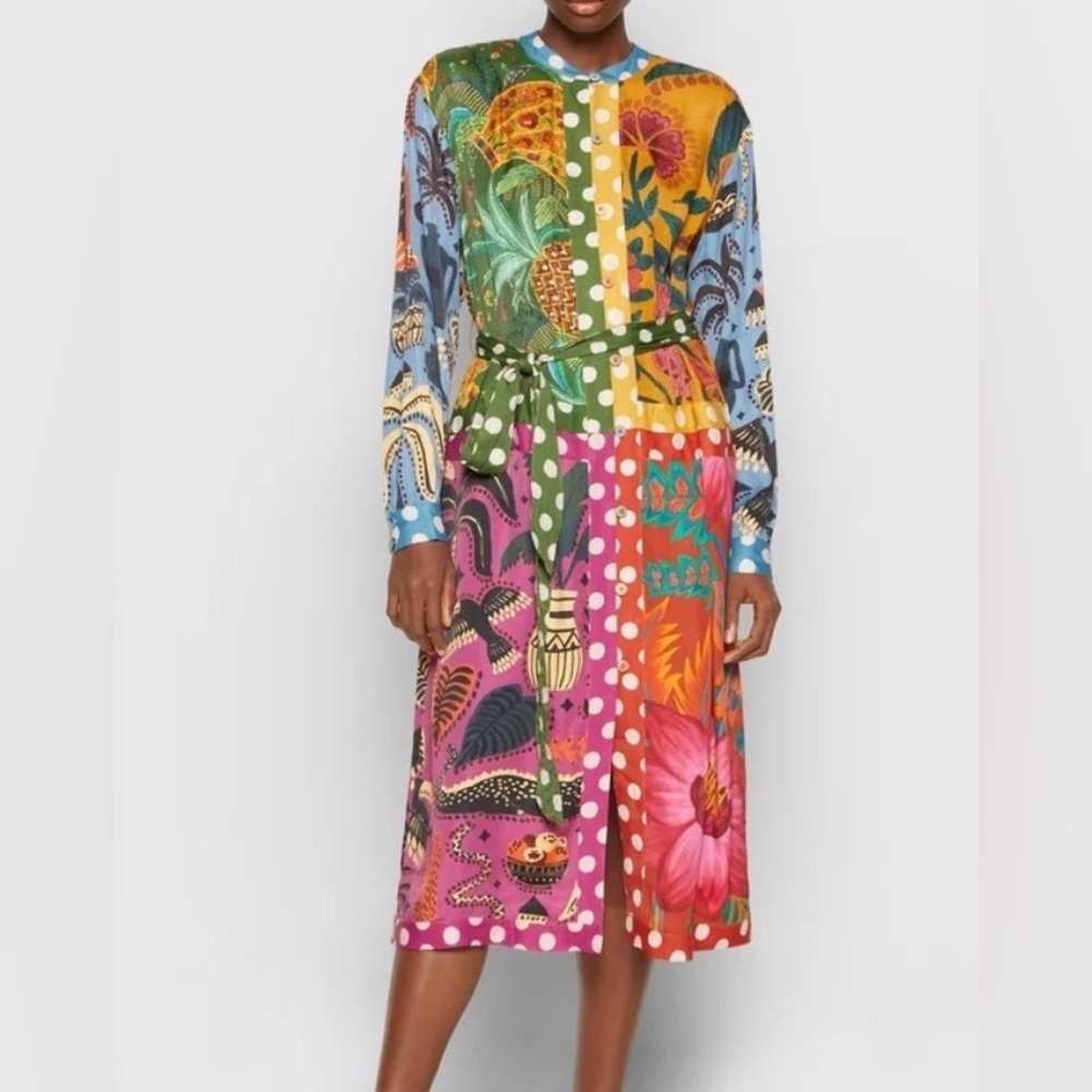 FARM RIO Earth Rainbow Long Sleeve Shirtdress Multicolor Size L